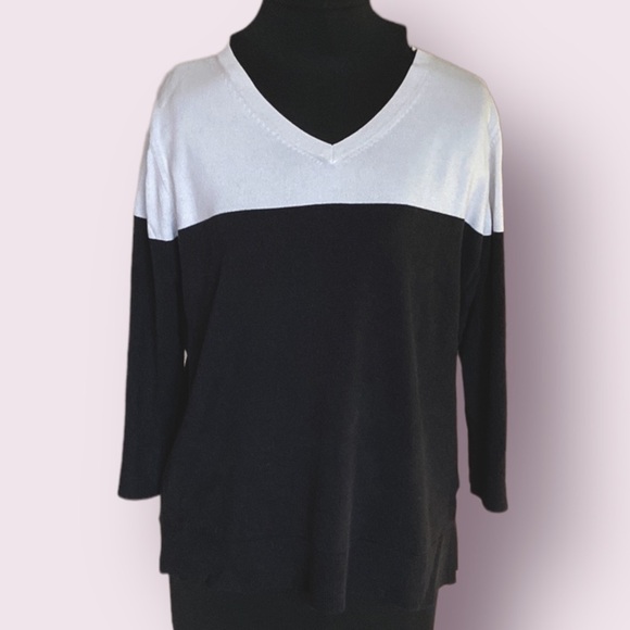 🦄 𝅺ROZ & Ali Color Block V-Neck Sweater Black & White Sz XL - Picture 2 of 9